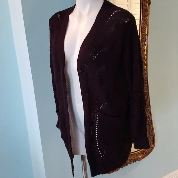 POINTELLE OPEN FRONT CARDIGAN WITH POCKETS Black - Picture 3 of 7
